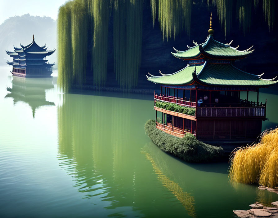Asian Pagoda Buildings by Calm Lake with Willow Trees & Misty Mountains