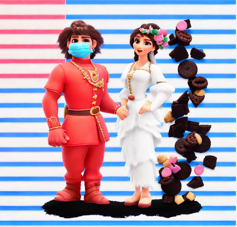 Animated characters with mask beside floating desserts on striped background