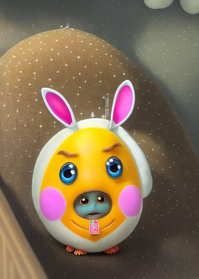 Animated Egg Bunny Character Holding Pink Ticket on Sparkly Background