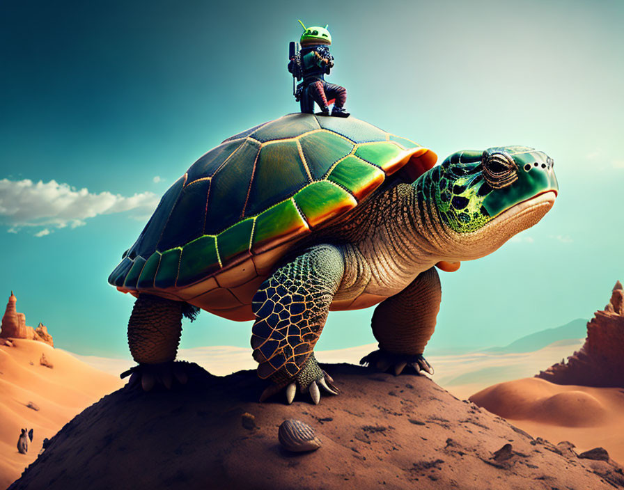Miniature astronaut on giant turtle in desert landscape