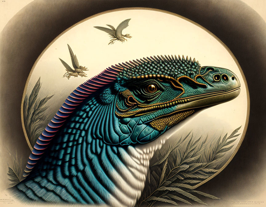 Detailed blue-scaled dinosaur portrait with feather-like textures and birds on neutral background