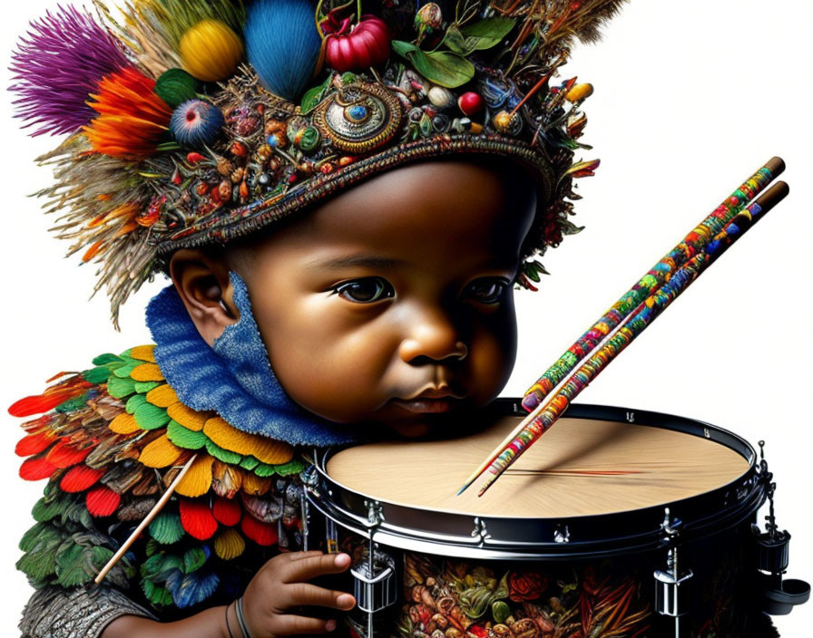 Baby in Decorated Hat Playing Drum with Colorful Stick surrounded by Vibrant Textures