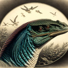 Detailed blue-scaled dinosaur portrait with feather-like textures and birds on neutral background