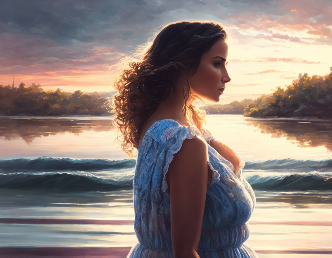 Woman in Blue Dress Contemplating Sunset by Tranquil River