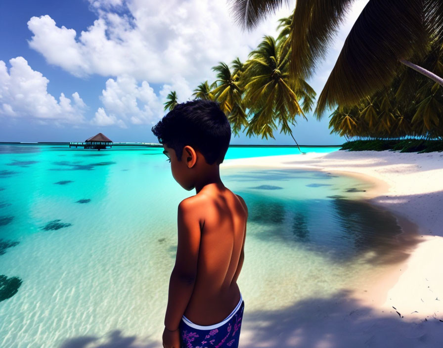 Boy on Tropical Beach Looking at Crystal-Clear Waters & Overwater Hut