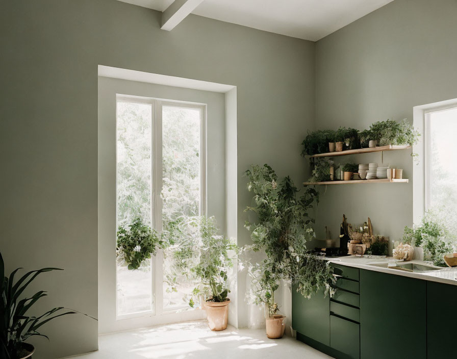 Olive-Green Walls, Sunlit Room with Plants & Pottery