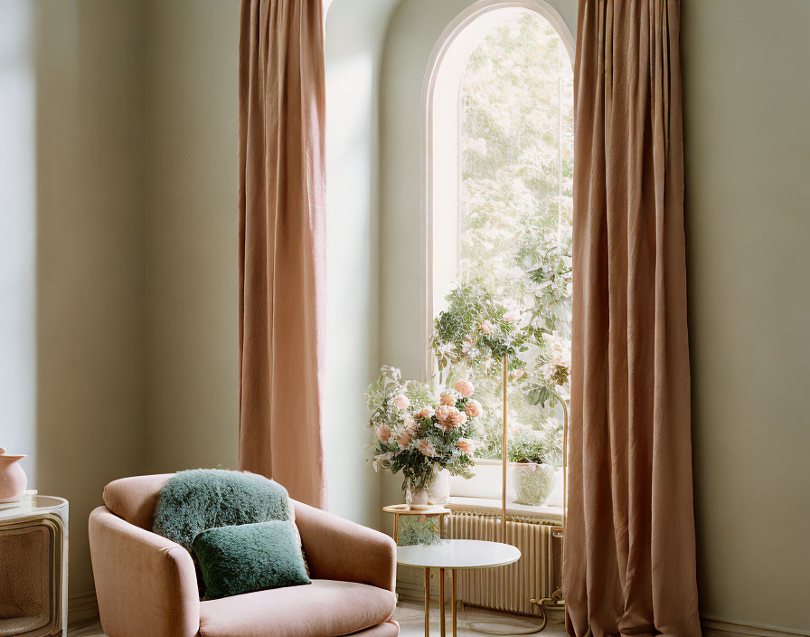 Luxurious Interior with Blush Armchair, Gold Accents, and Arched Window