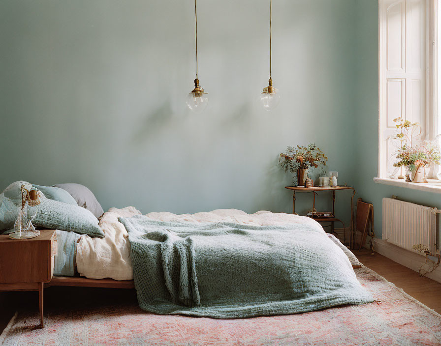 Tranquil Bedroom with Teal Bedspread and Pendant Lights