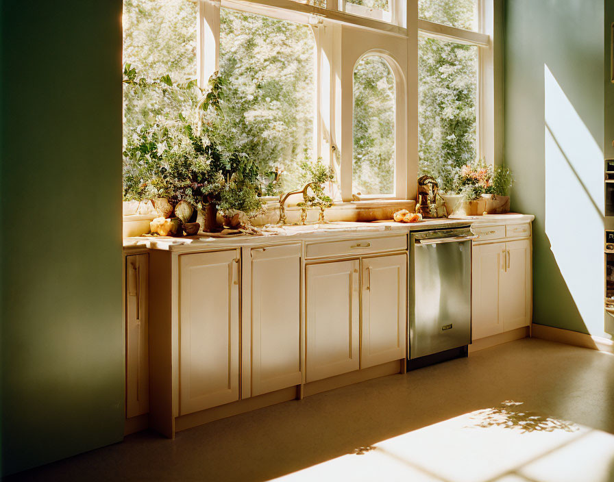 Bright Kitchen with Large Windows, Plants, Cream Cabinets
