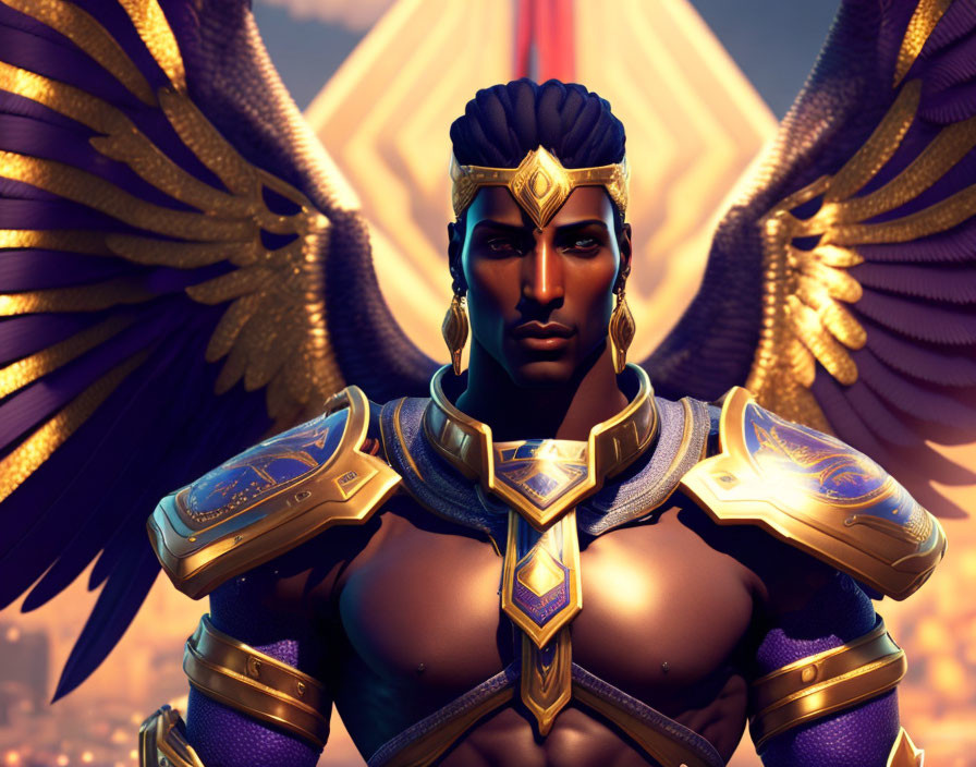 Regal figure in golden armor with ornate wings on warm backdrop