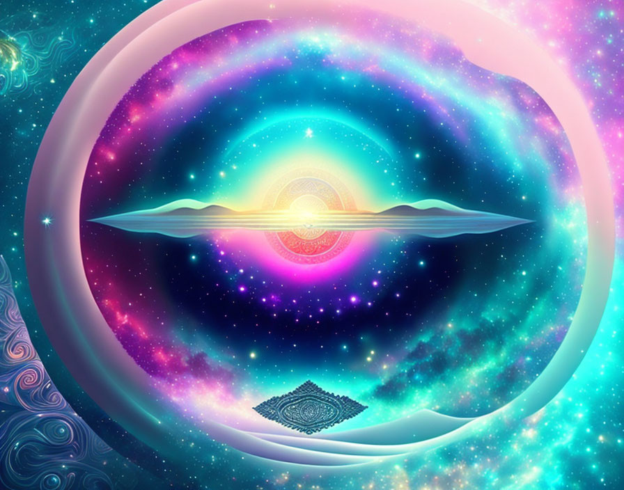 Colorful cosmic illustration of surreal space scene with stars, celestial bodies, and spiritual symbols