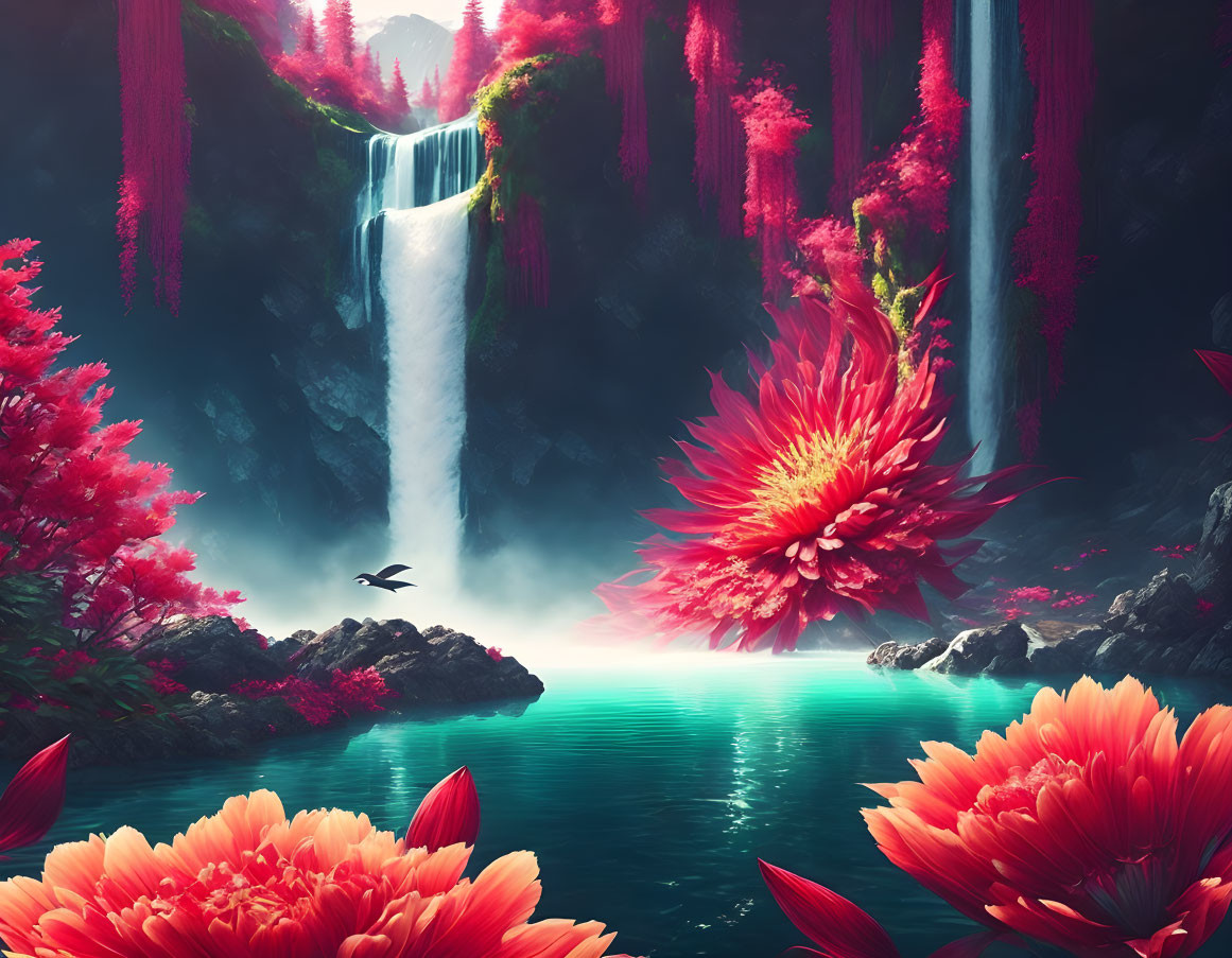 Fantastical landscape with red foliage, blooming flower, waterfall, and serene lake