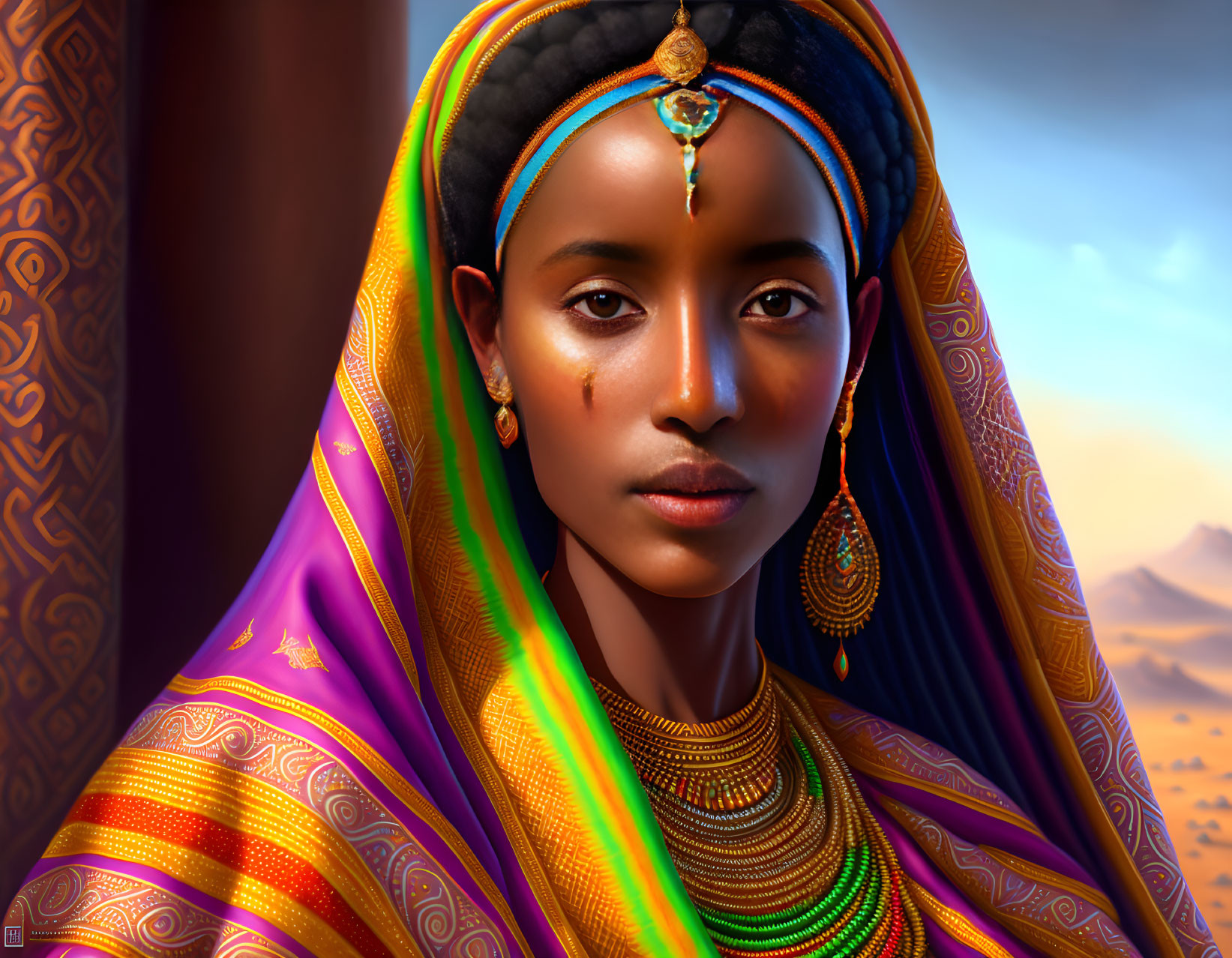 Vibrant traditional attire digital portrait of a woman in desert setting