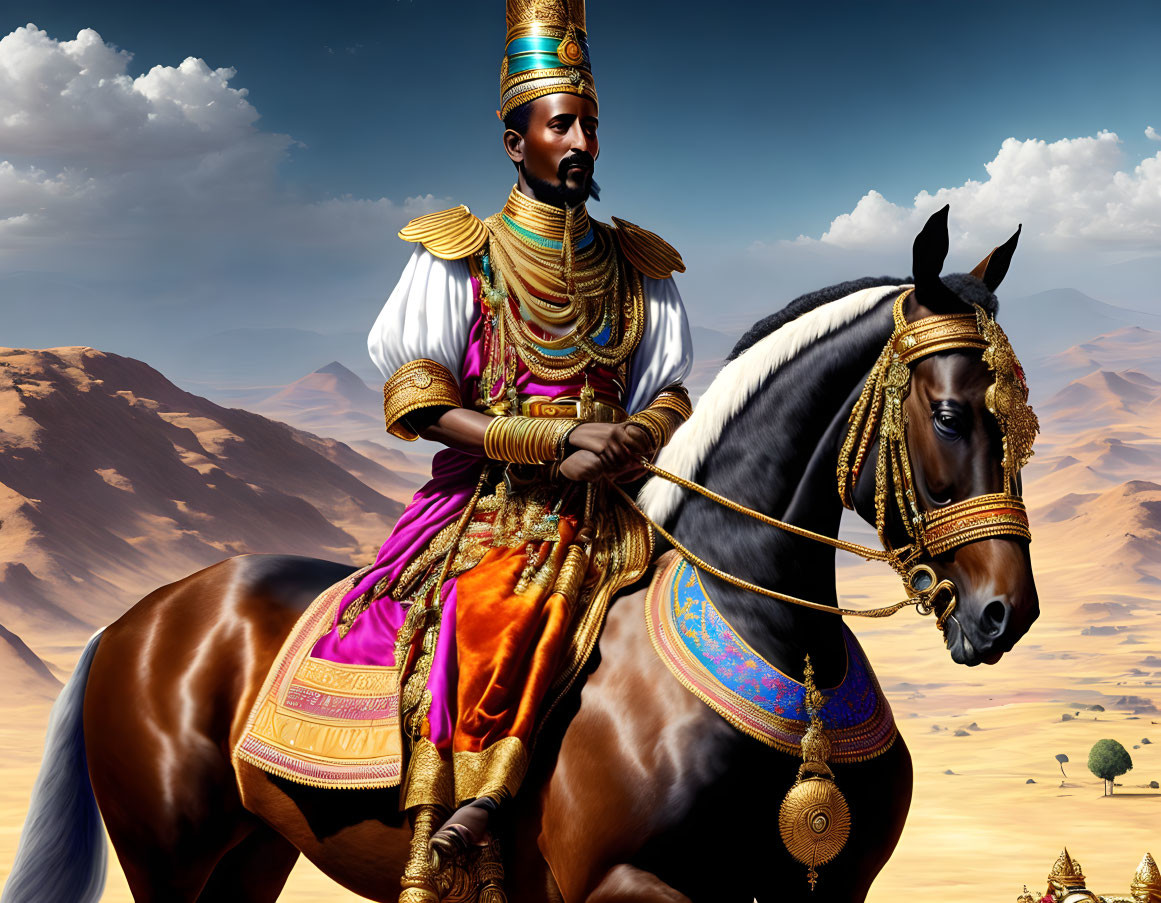 Regal figure on horse in historical attire with pyramids in desert