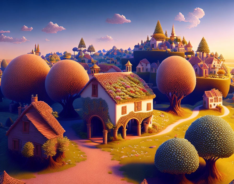 Whimsical village with round-topped houses and floating cloud islands