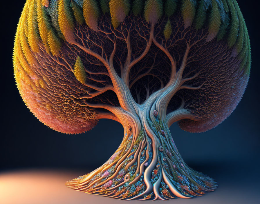 Vibrant surreal digital artwork of fractal-like tree on dark background