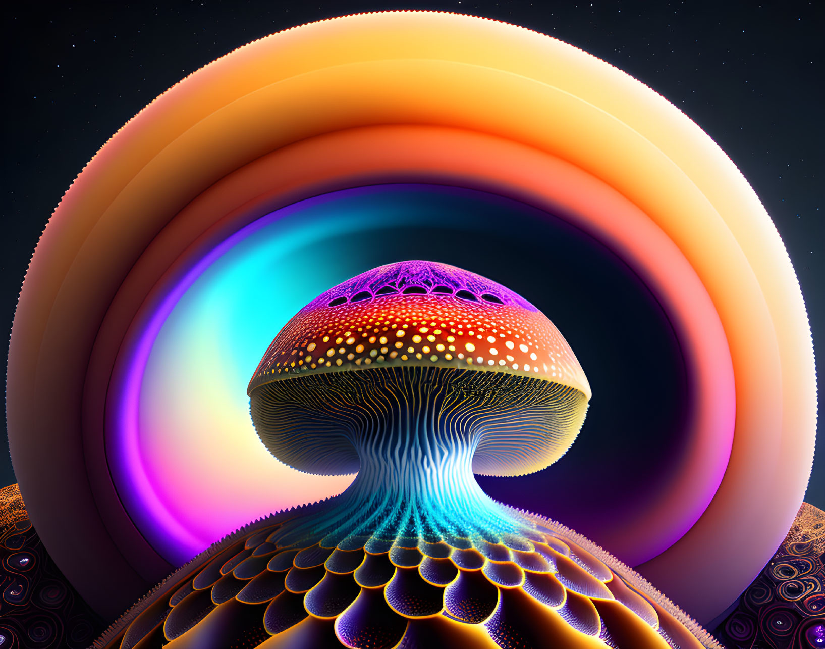 Colorful Psychedelic Mushroom Artwork Under Rainbow Arches