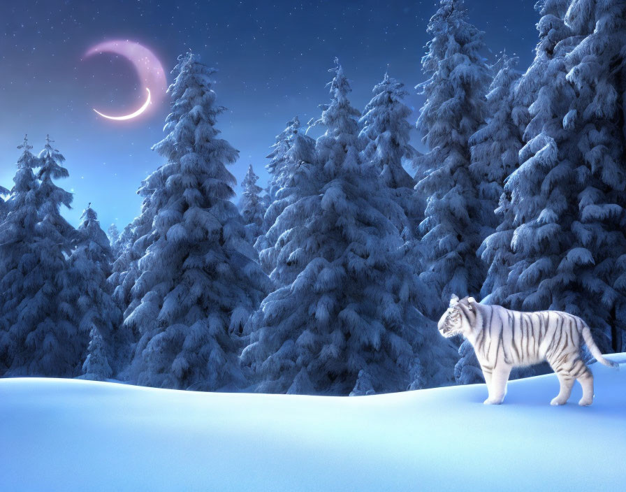 White tiger in snowy forest under crescent moon