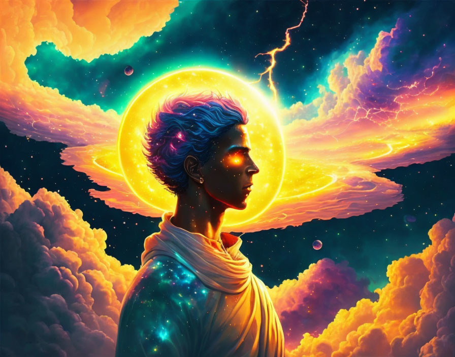 Surreal illustration: person with glowing halo, blue hair, celestial backdrop