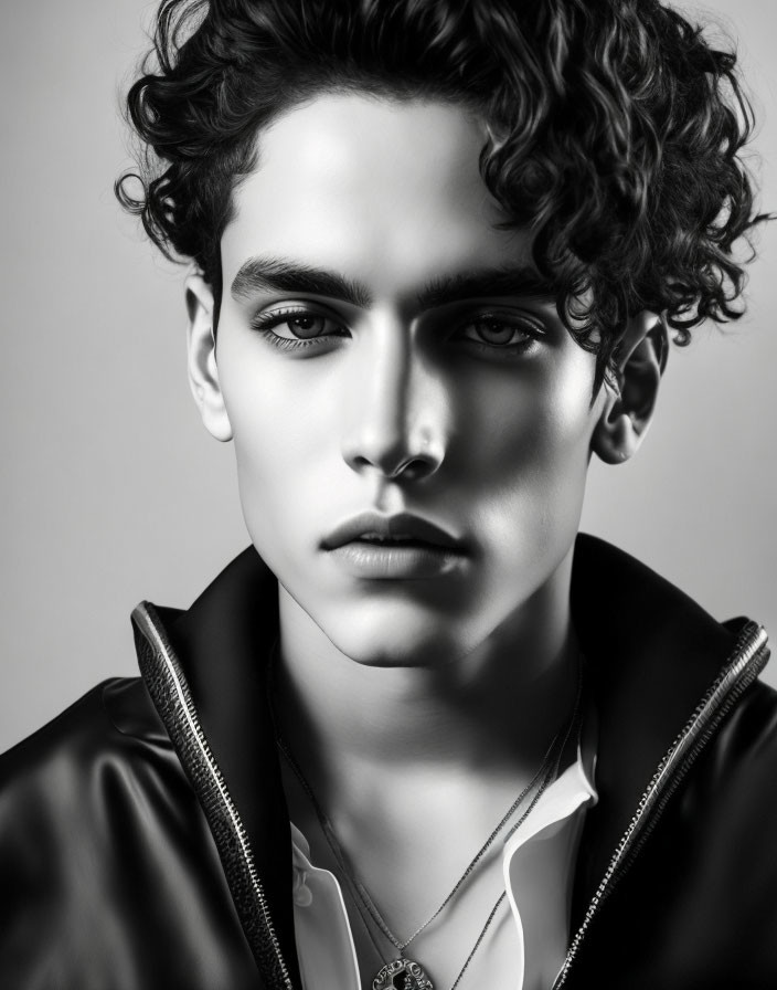 Monochrome portrait: Young man with curly hair, leather jacket, chain necklace