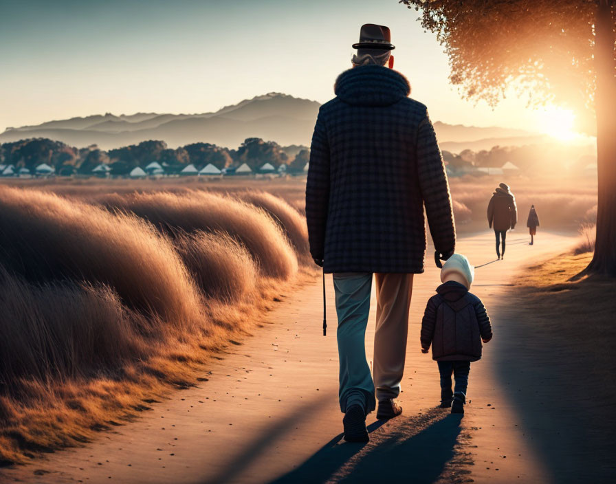 Adult and child walking on sunlit path through tall grasses with warm light filtering through tree