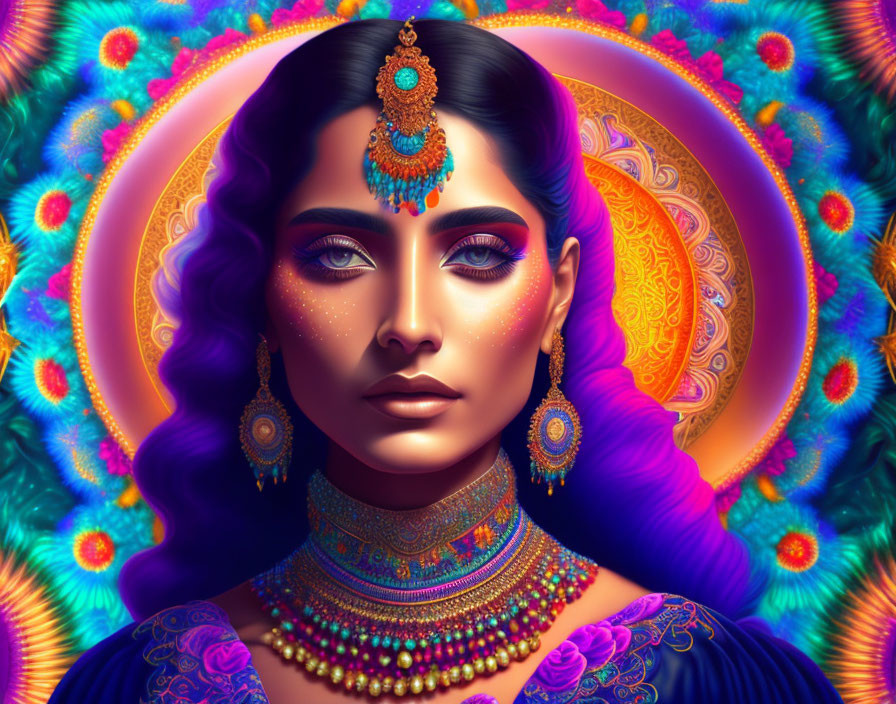 Colorful digital portrait of a woman with intricate jewelry on mandala-patterned background
