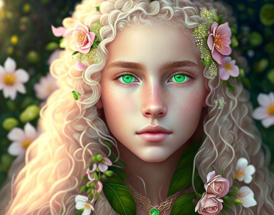 Digital portrait of girl with curly blonde hair and green eyes among flowers on floral backdrop