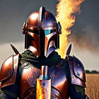 Detailed Mandalorian armor with helmet and cape in front of fiery explosion