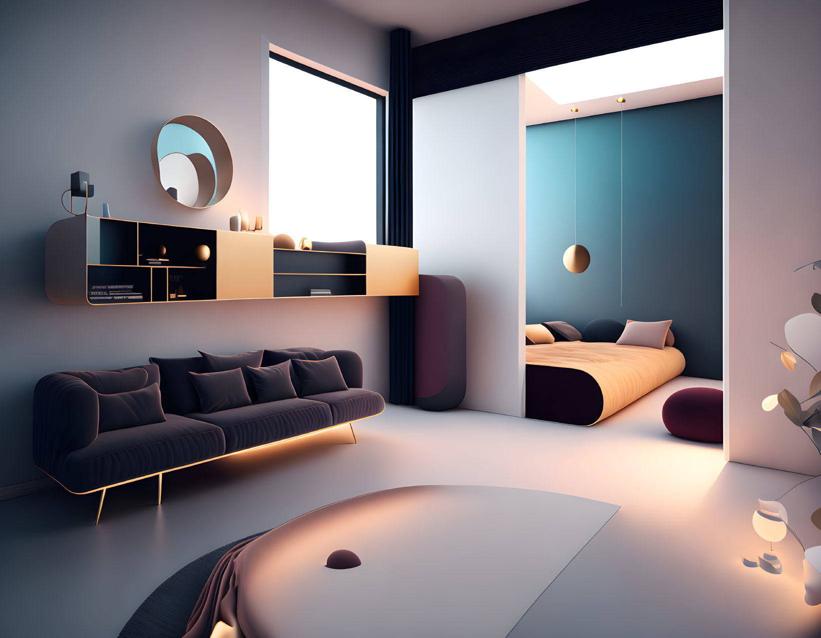 Minimalist Modern Living Room with Dark & Pastel Colors and Ambient Lighting