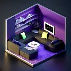 Modern minimalist living room with purple lighting, dark L-shaped sofa, round coffee table, wall shelves,