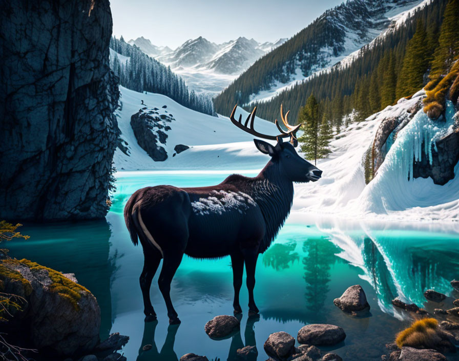 Majestic stag by tranquil turquoise lake, snowy mountains, frozen waterfall