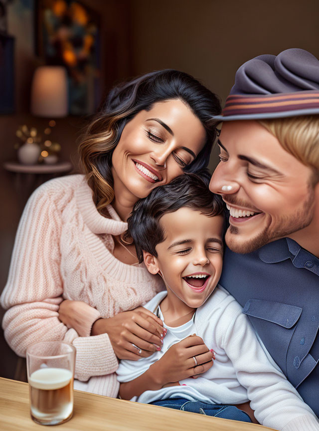 Illustration of happy family embracing with warm lighting and beverage hint