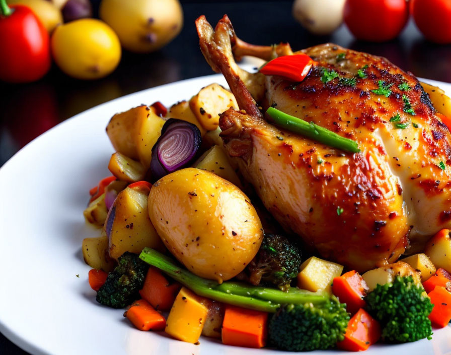 Plate of Roasted Chicken with Seasoned Vegetables and Red Onion Garnish