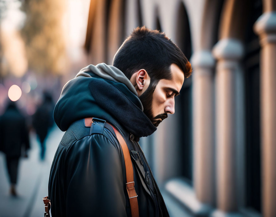 Young man with beard and earphones walking in city street with hoodie and backpack