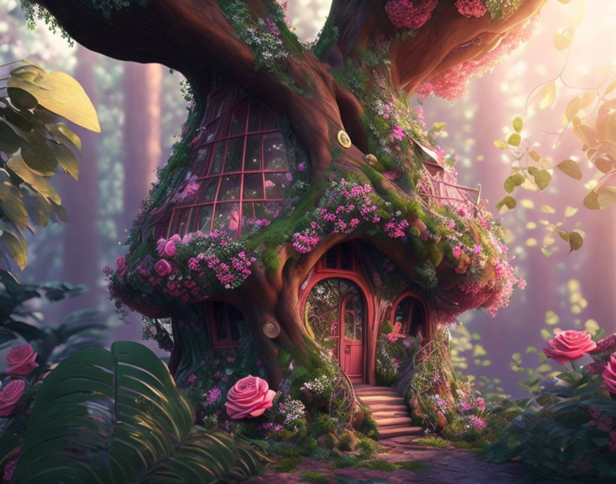 Mystical forest scene with enchanted treehouse and lush flowers