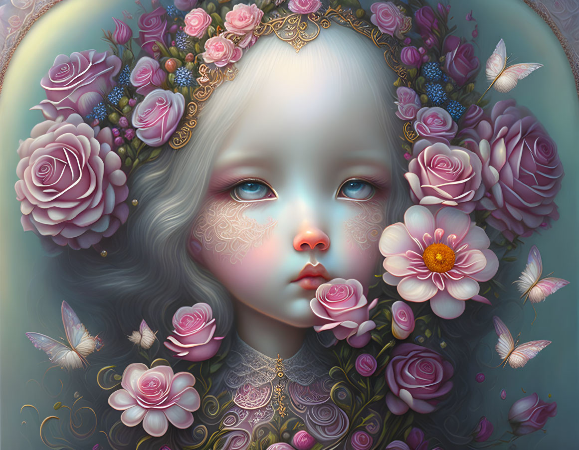 Digital Artwork: Pale-skinned Girl Among Pink Flowers and Butterflies