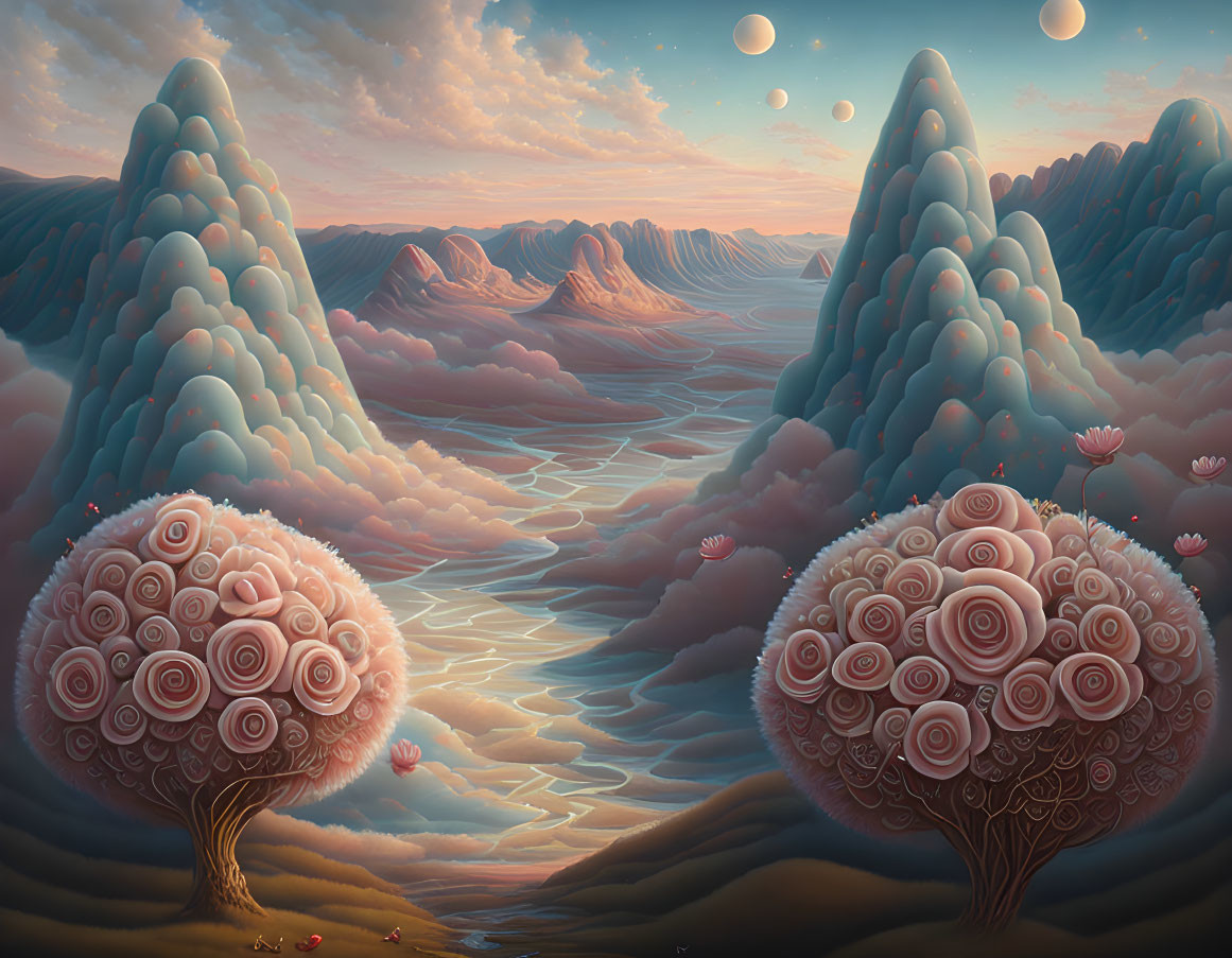 Surreal landscape with rose trees, pink clouds, rivers, mountains, and multiple moons