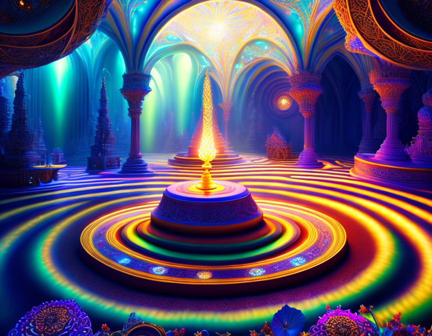 Colorful Fantasy Scene with Glowing Spire and Ornate Arches