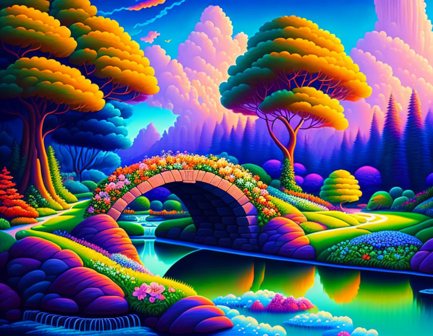 Colorful Fantasy Landscape with Whimsical Trees and Stone Bridge