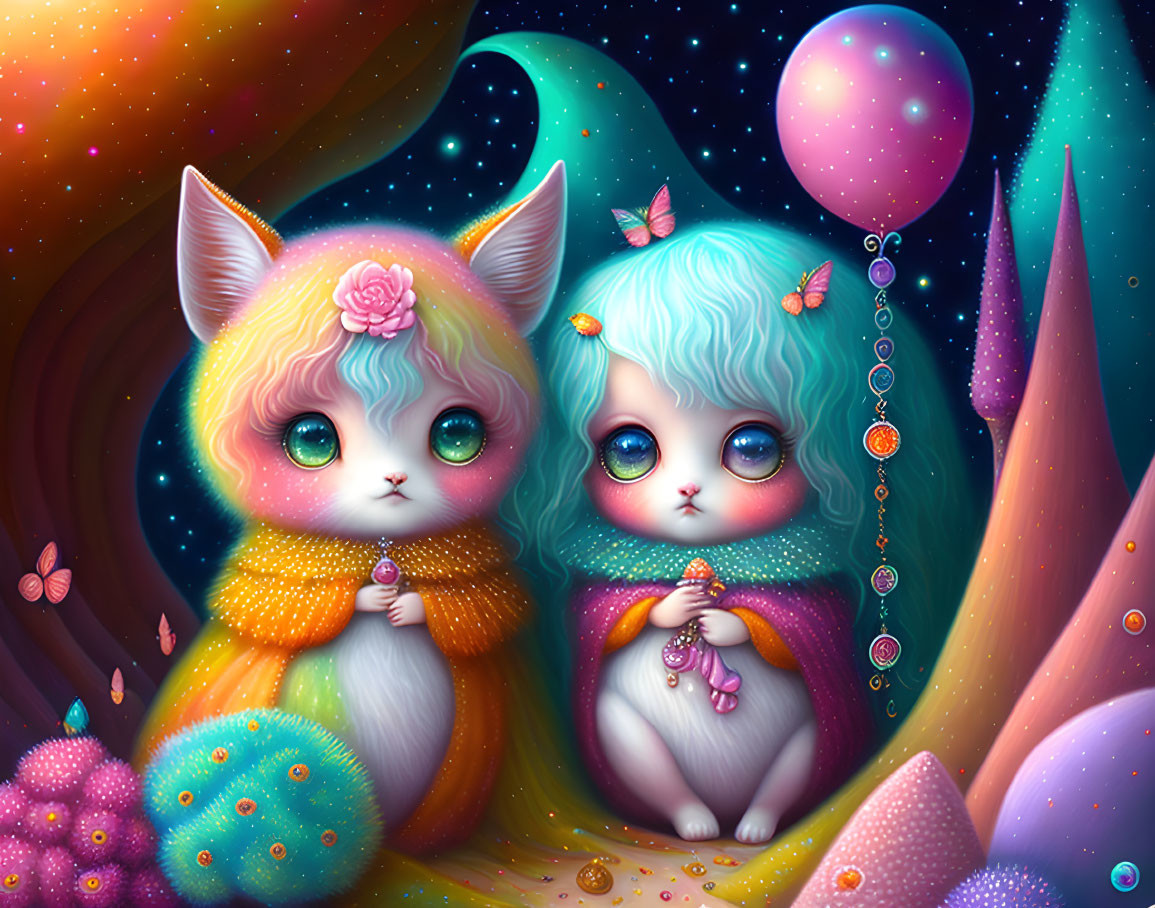 Stylized anthropomorphic kittens in colorful fantasy landscape
