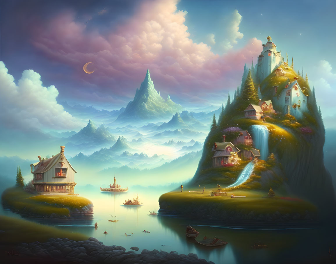 Fantasy landscape with castle, waterfalls, boats, and crescent moon