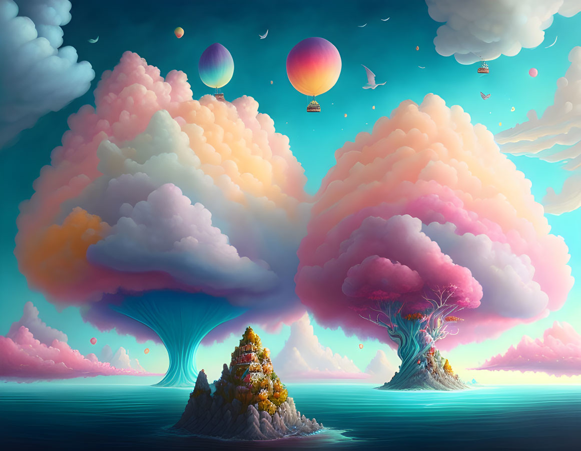 Colorful landscape with floating islands, waterfalls, trees, and castle under a sky with balloons and