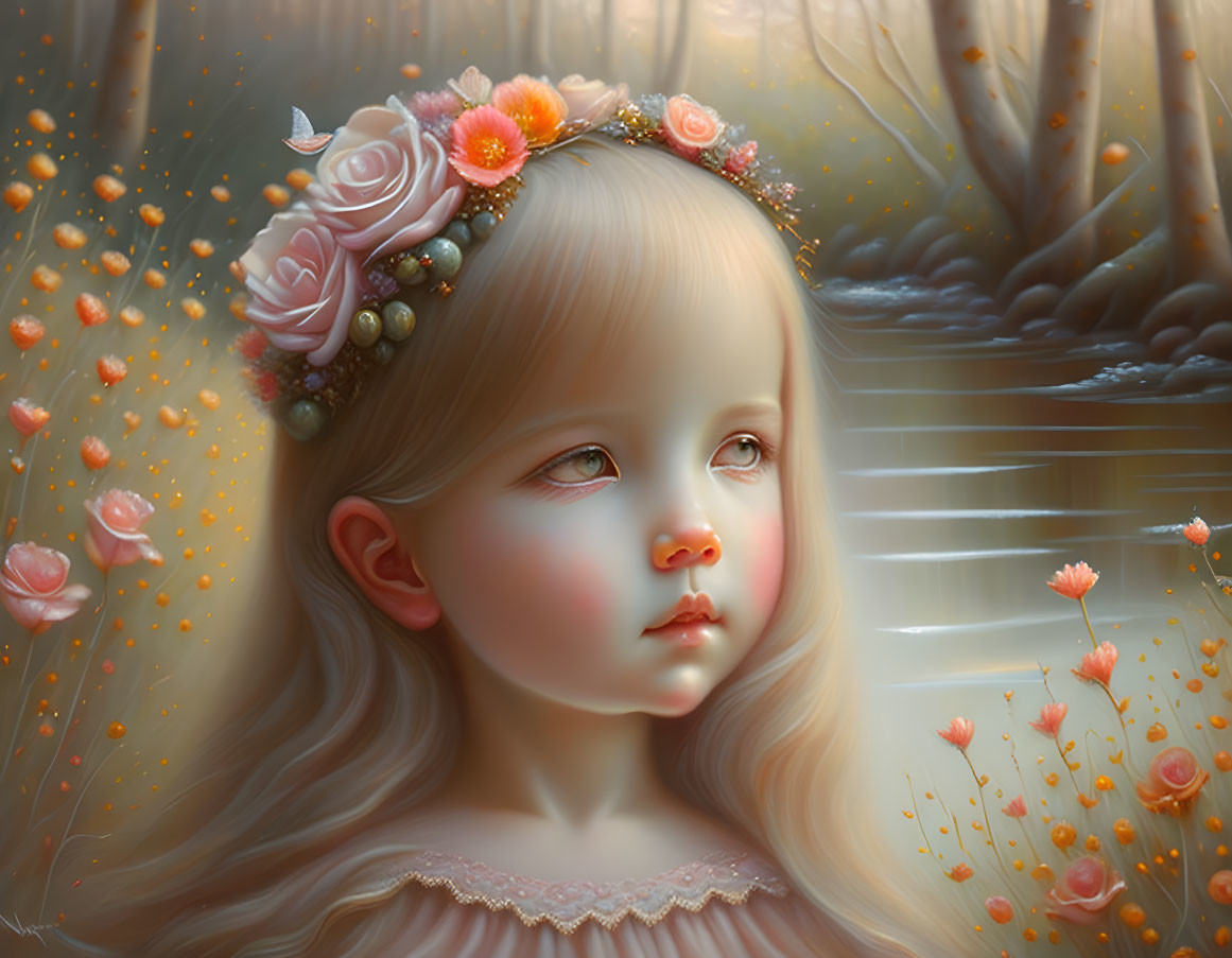 Young girl portrait with serene expression in floral headband in magical forest.