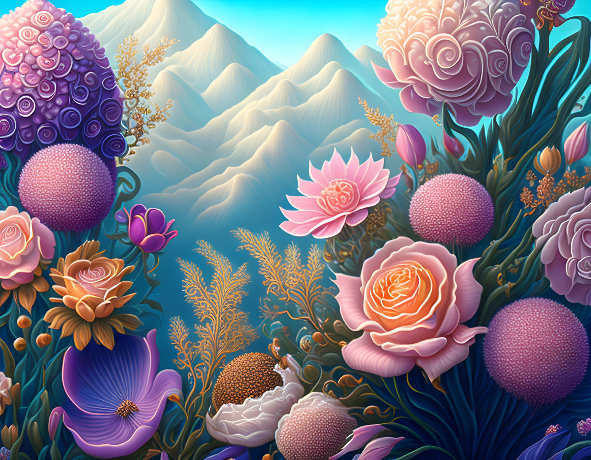 Detailed Illustration: Lush Floral Landscape with Oversized Flowers & Misty Mountains