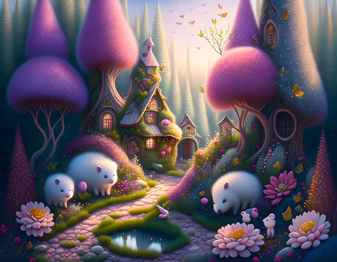 Fantasy landscape with mushroom houses, fluffy creatures, pond, and flowers at twilight