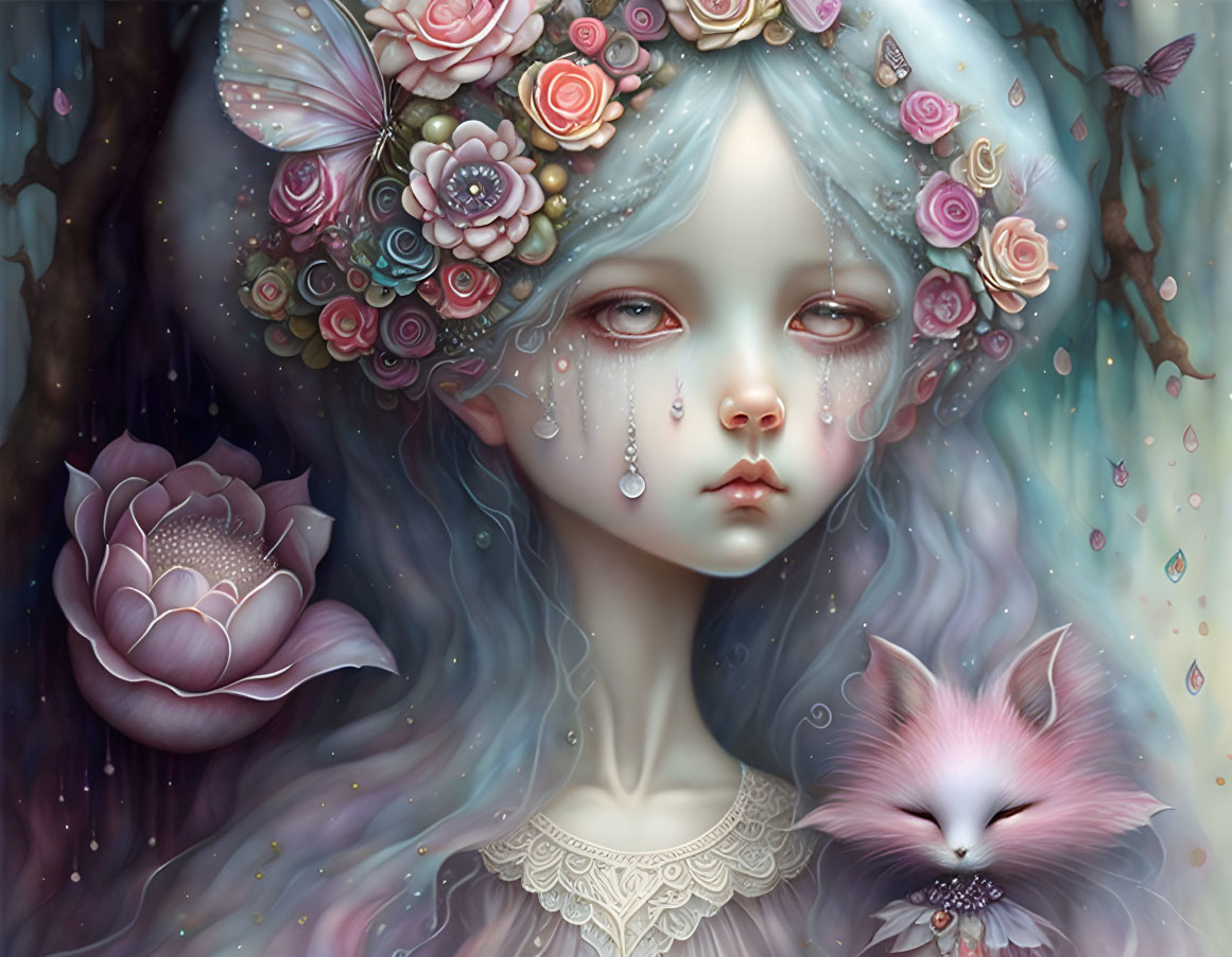 Fantasy illustration of a girl with floral headpiece and teary eyes with a pink, fluffy cat
