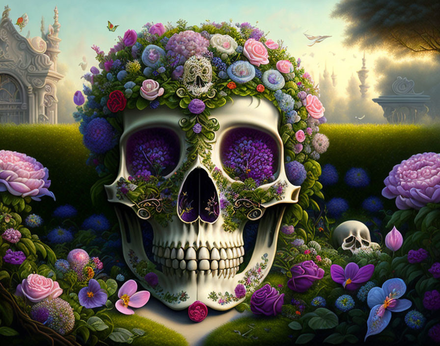 Skull decorated with colorful flowers in garden setting