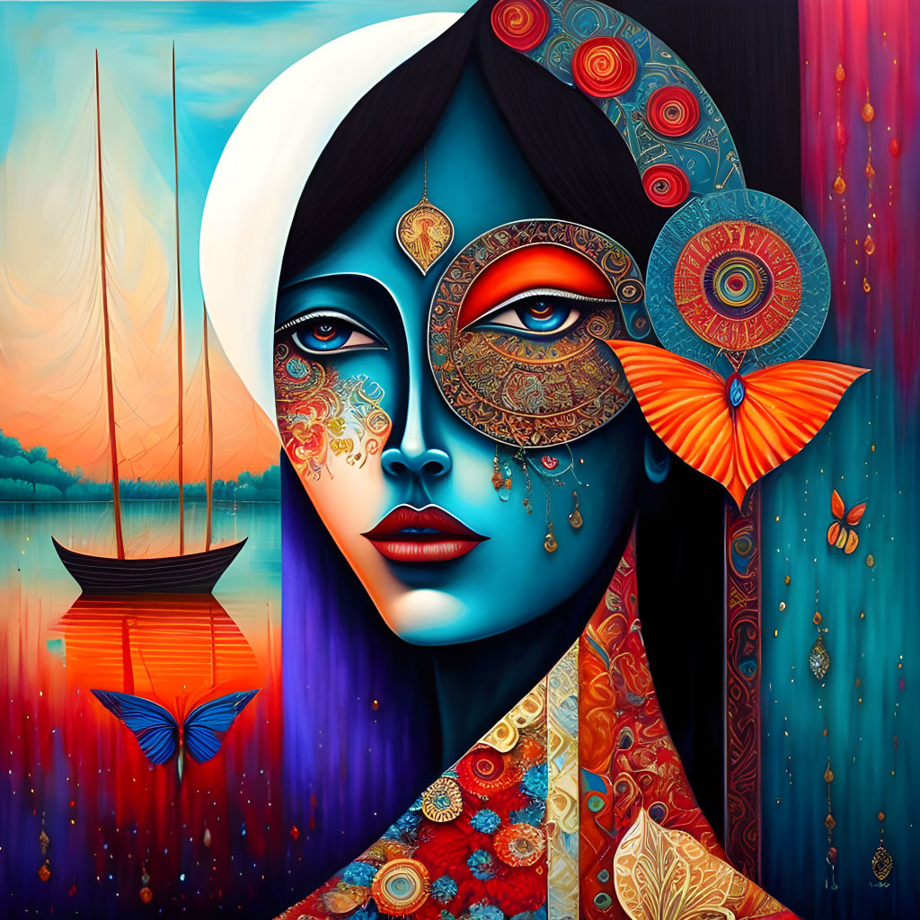 Colorful surreal portrait of a woman with decorated skin and vibrant nautical patterns.