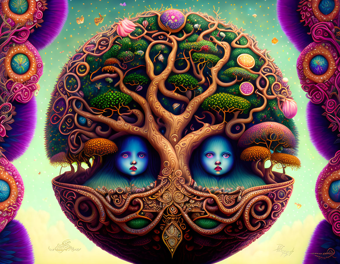 Colorful Stylized Tree Illustration with Whimsical Faces and Fantastical Details