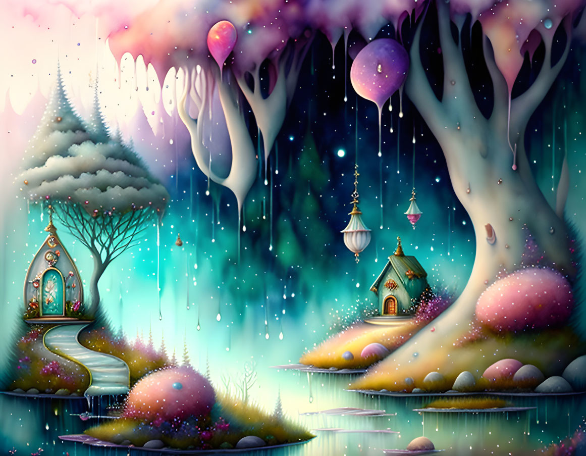 Colorful Forest with Glowing Balloons and Snow-Covered Trees